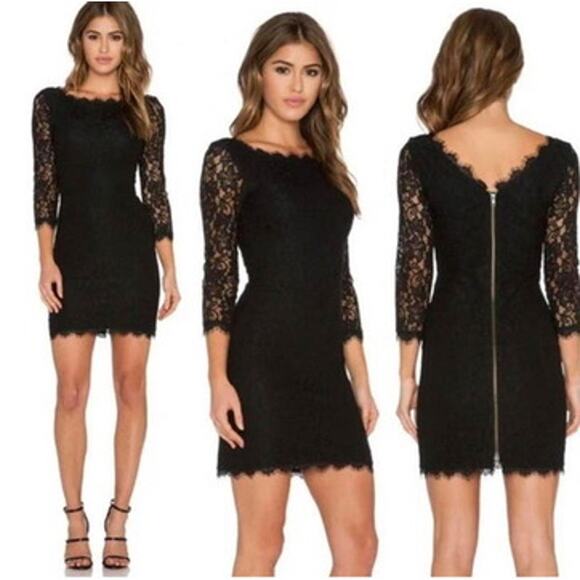 DVF Diane Von Furstenberg Zarita Lace Mini Dress 3/4 Sleeve Women's 6 Black - Picture 1 of 9